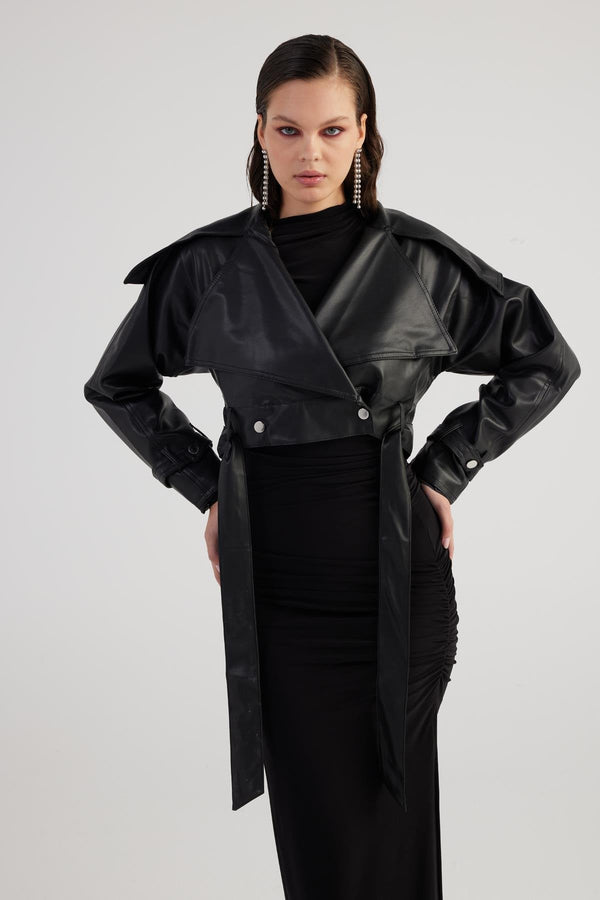 Neeko Black Faux Leather Cropped Jacket-0