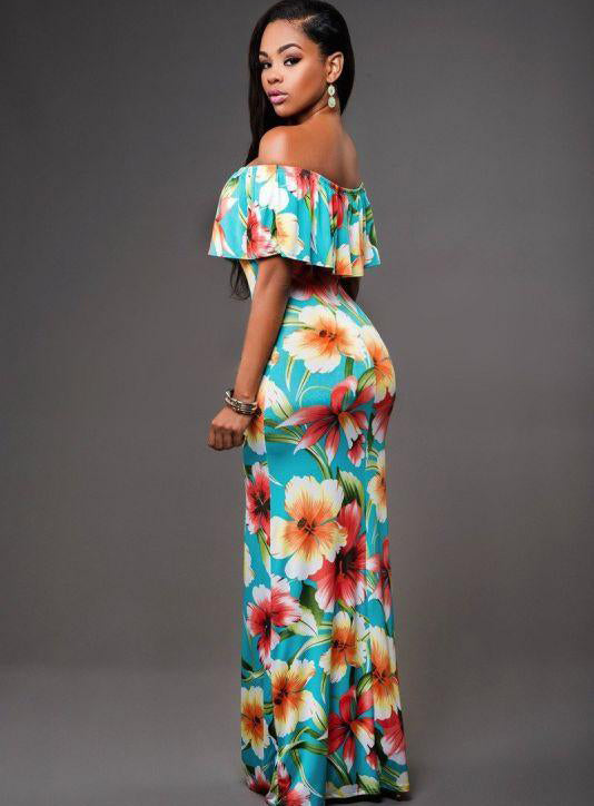 Off Shoulder Long Beach Dress - Turquoise-2