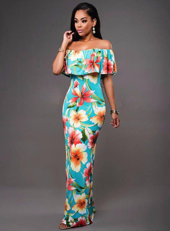 Off Shoulder Long Beach Dress - Turquoise-1