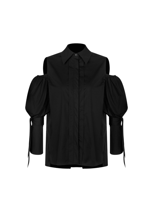 Quarta Open Shoulders Black Premium Poplin Shirt-1