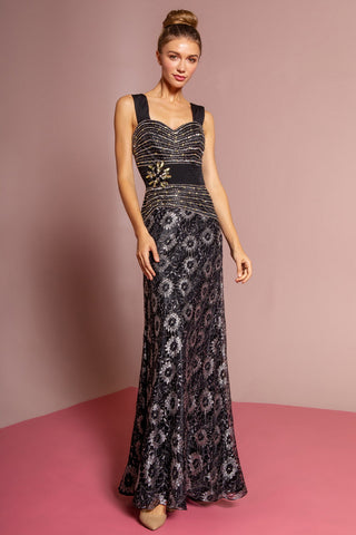 Daisy Pattern Lace Long Dress with Jewel Embellished Bodice-4