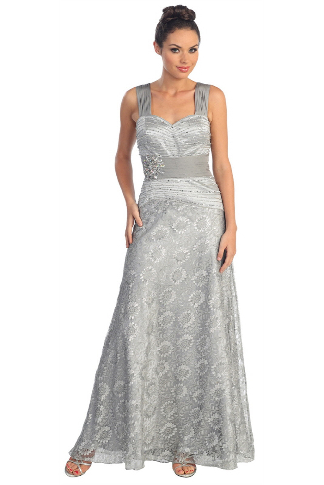 Daisy Pattern Lace Long Dress with Jewel Embellished Bodice-0