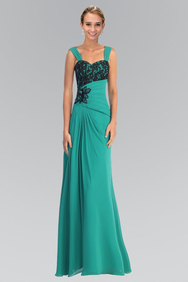 Chiffon Long Dress with Lace Detailing on Pleated Bodice and Lace Detailing-0