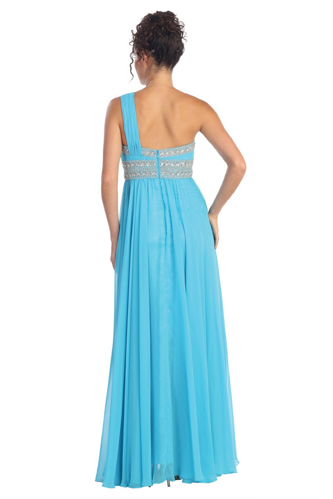 One Shoulder Floor Length Empire Dress with Jewel Detailing-1