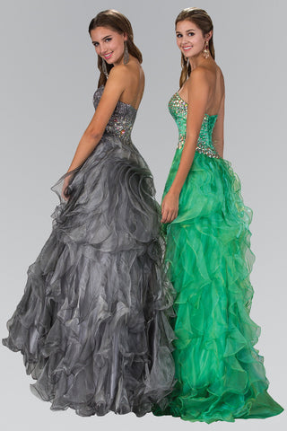 Strapless Sweetheart Organza Long Ruffle Dress with Jeweled Bodice-1