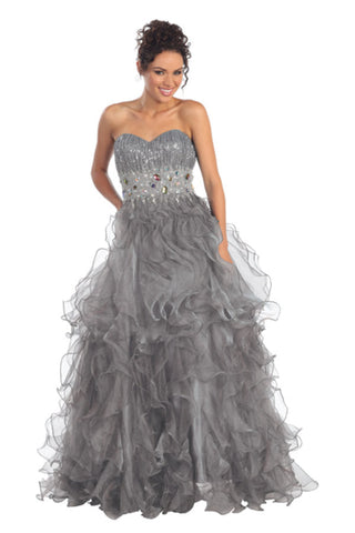 Strapless Sweetheart Organza Long Ruffle Dress with Jeweled Bodice-3