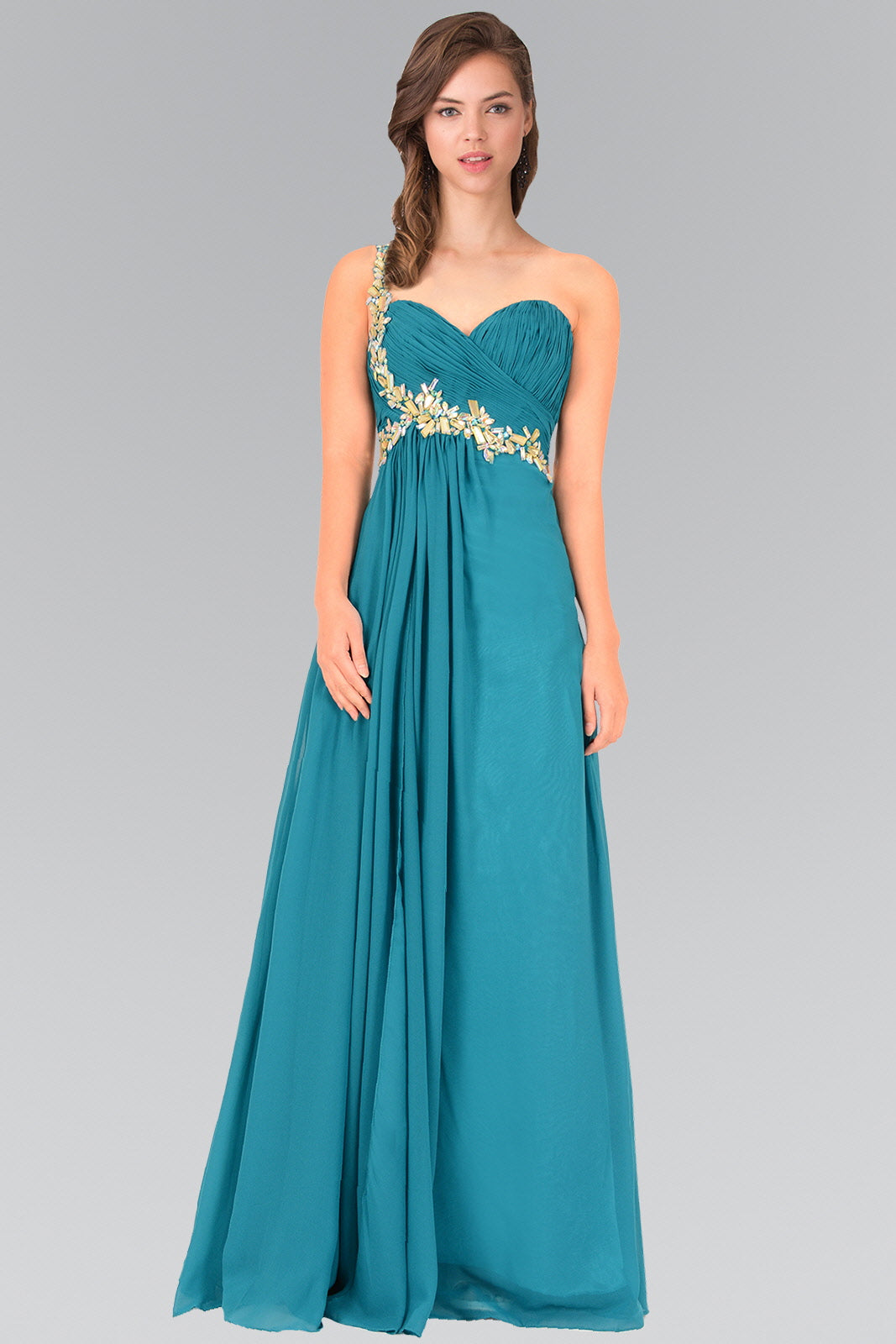 Empire One Shoulder Chiffon Long Dress Accented with Jewel-0