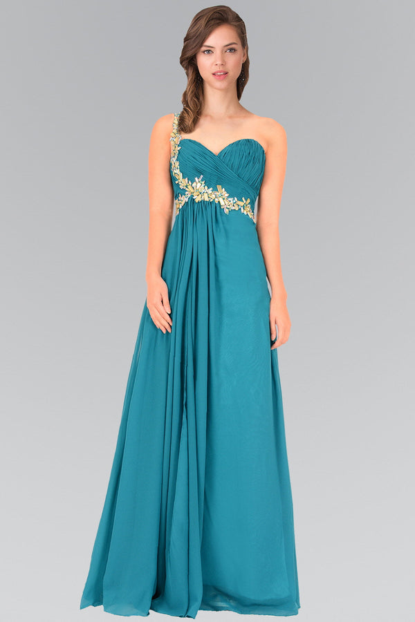 Empire One Shoulder Chiffon Long Dress Accented with Jewel-0