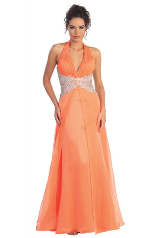 Halter Floor Length Dress Accented with Lace and Jewel-2