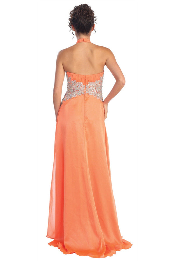 Halter Floor Length Dress Accented with Lace and Jewel-3