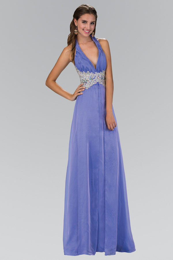 Halter Floor Length Dress Accented with Lace and Jewel-5