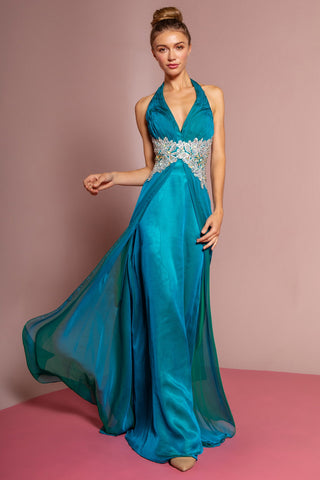 Halter Floor Length Dress Accented with Lace and Jewel-6