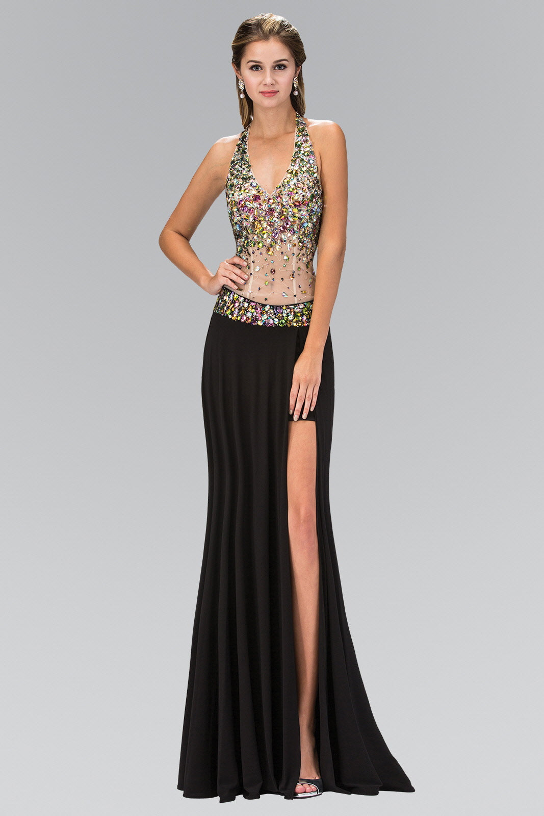 Jewel Embellished Halter Jersey Long Dress with Side Slit and Sheer Midriff Waist-2