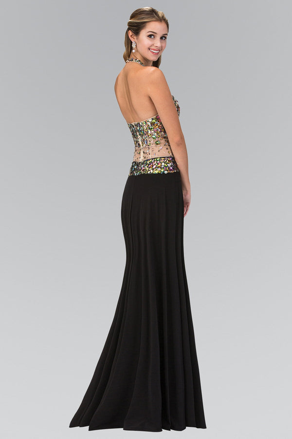 Jewel Embellished Halter Jersey Long Dress with Side Slit and Sheer Midriff Waist-3