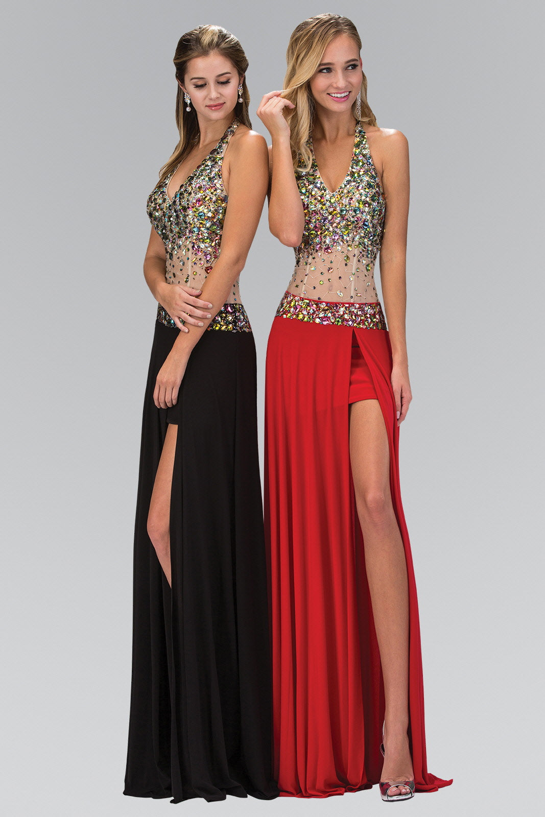 Jewel Embellished Halter Jersey Long Dress with Side Slit and Sheer Midriff Waist-4