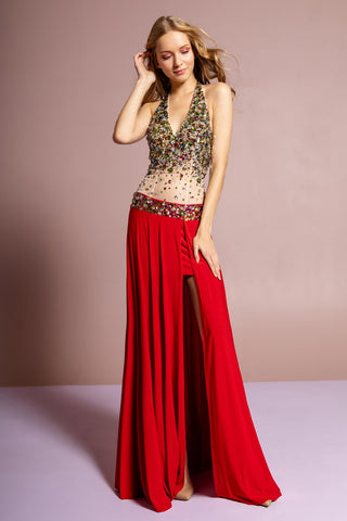 Jewel Embellished Halter Jersey Long Dress with Side Slit and Sheer Midriff Waist-0