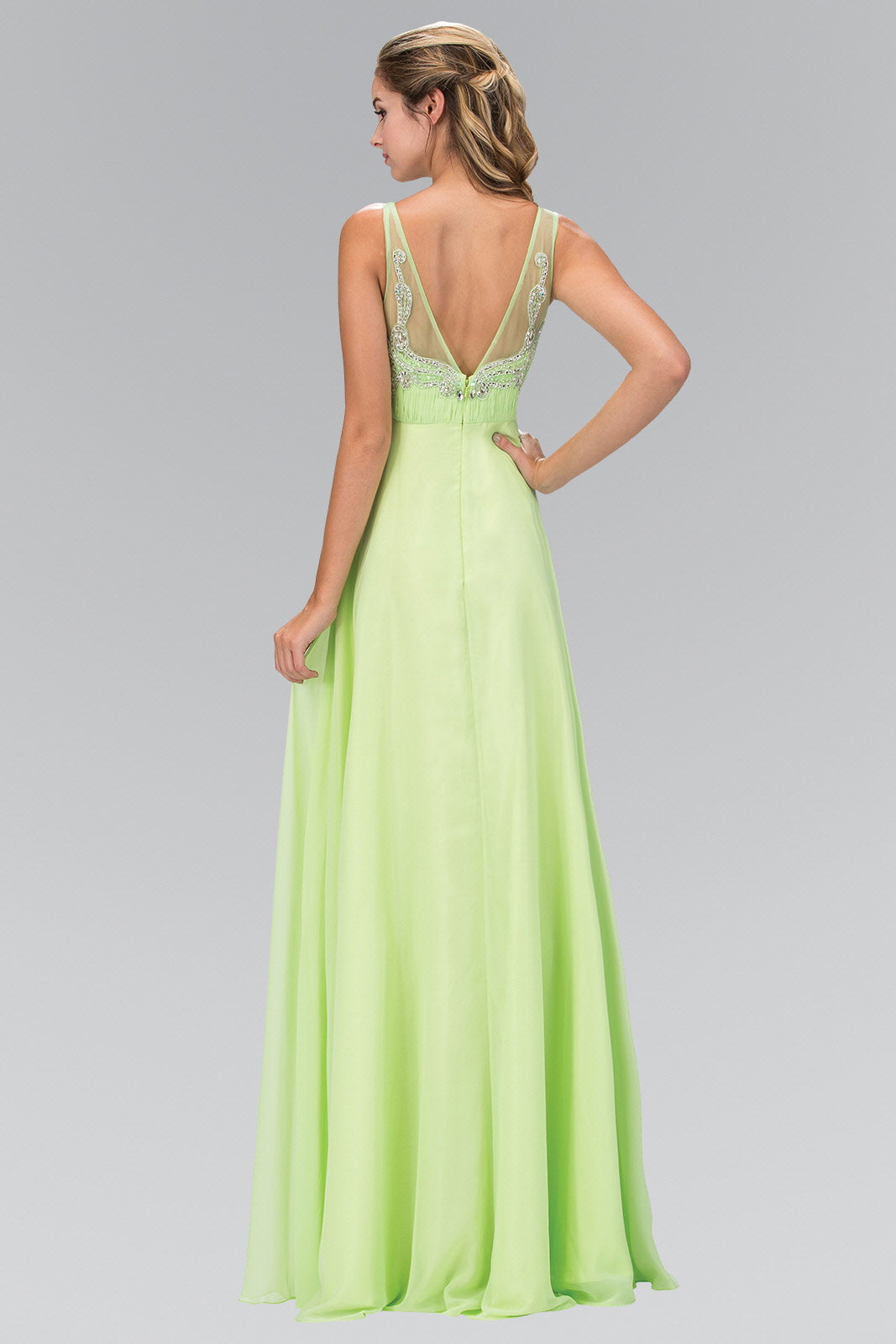 V-Neck Chiffon Long Dress with Beaded Sheer Straps-3