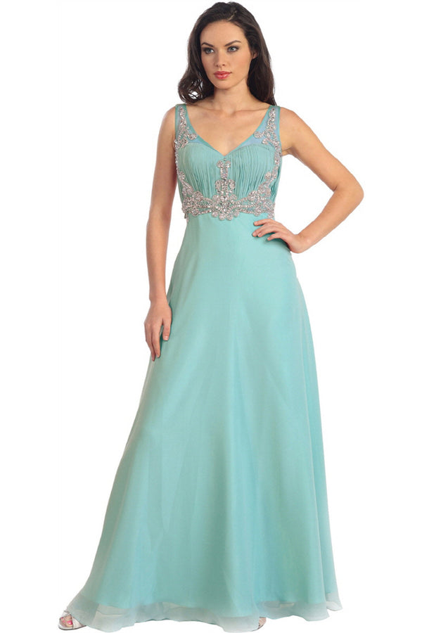 V-Neck Chiffon Long Dress with Beaded Sheer Straps-0