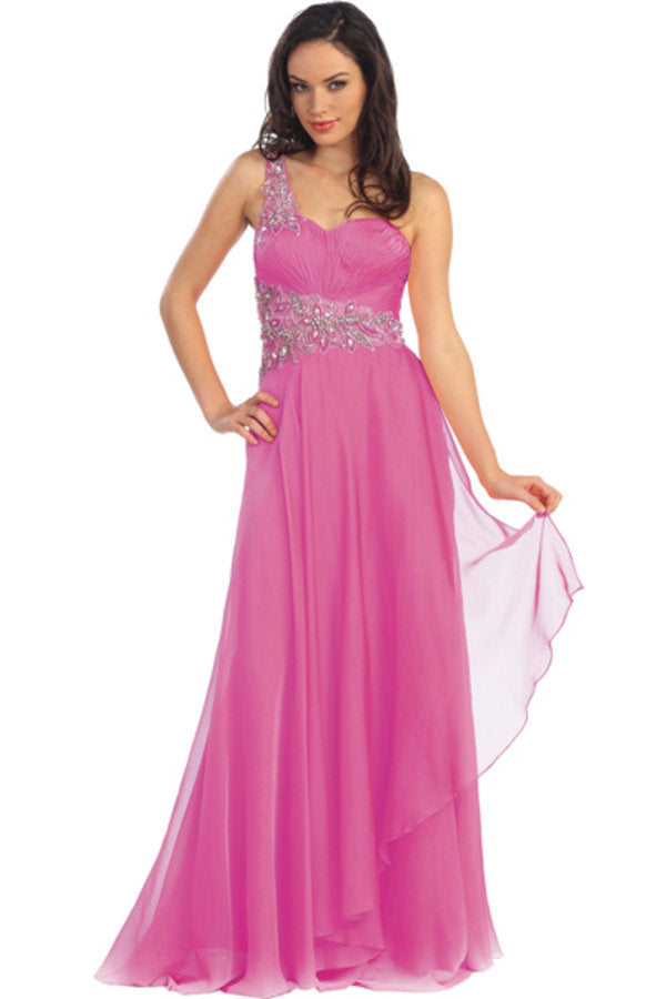 One Shoulder Jewel Embellished Chiffon Long Dress-3