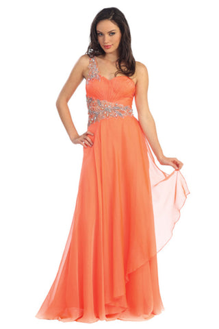 One Shoulder Jewel Embellished Chiffon Long Dress-0