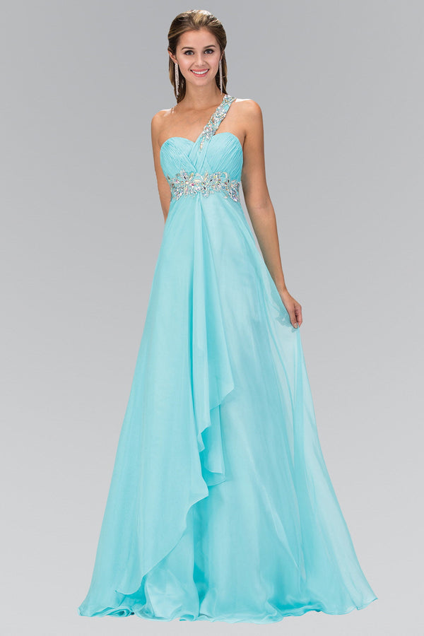 One Shoulder Chiffon Long Dress Accented with Jewel-0