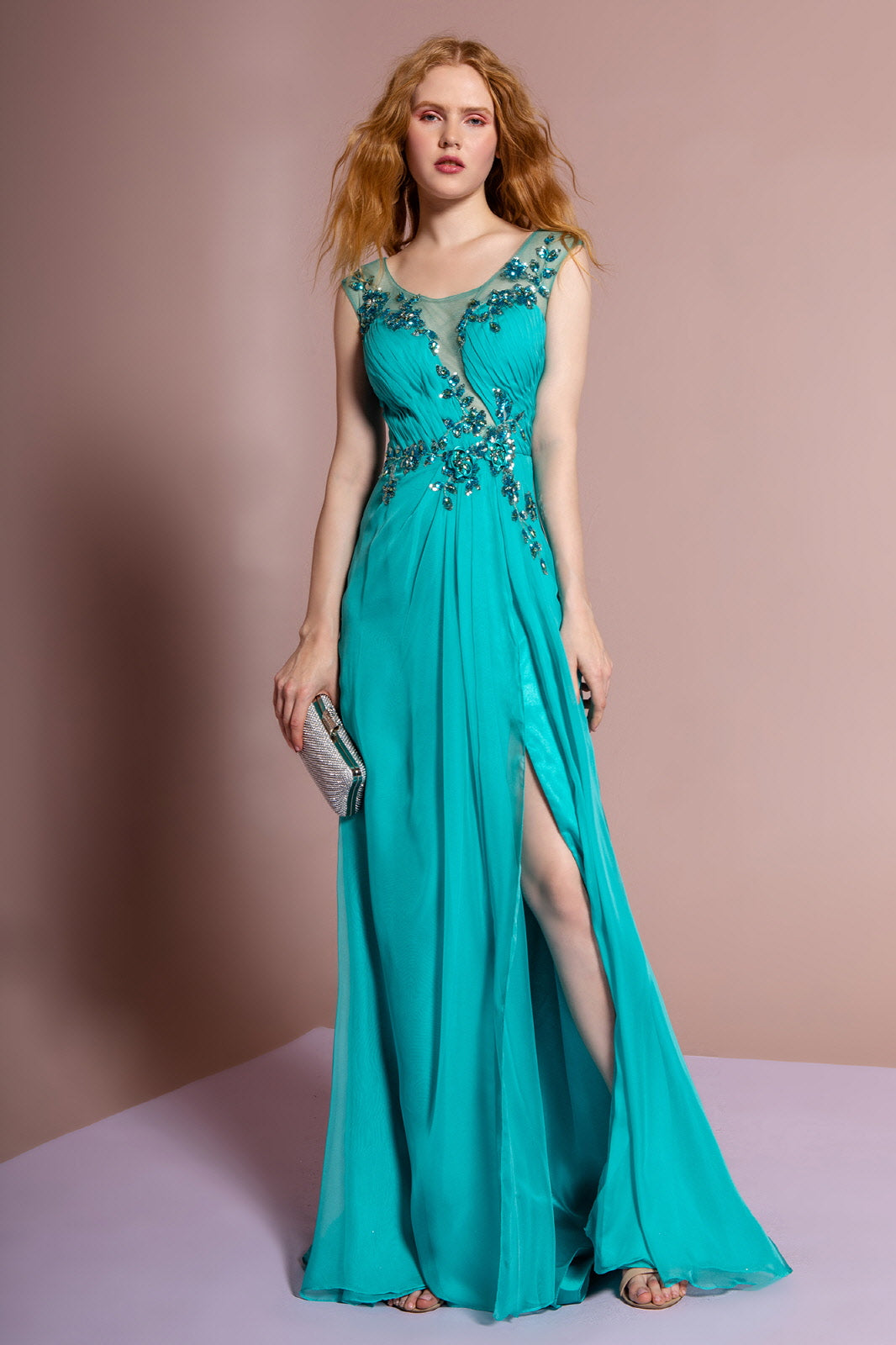 Pleated Long Dress with Side Slit and Jewel Detailing-3