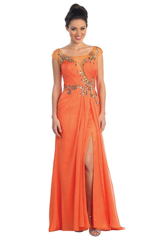 Pleated Long Dress with Side Slit and Jewel Detailing-0