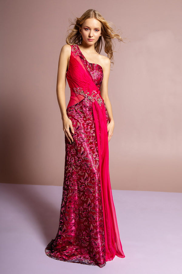 One Shoulder Lace Long Dress with Beaded Waist and Chiffon Overlay-4