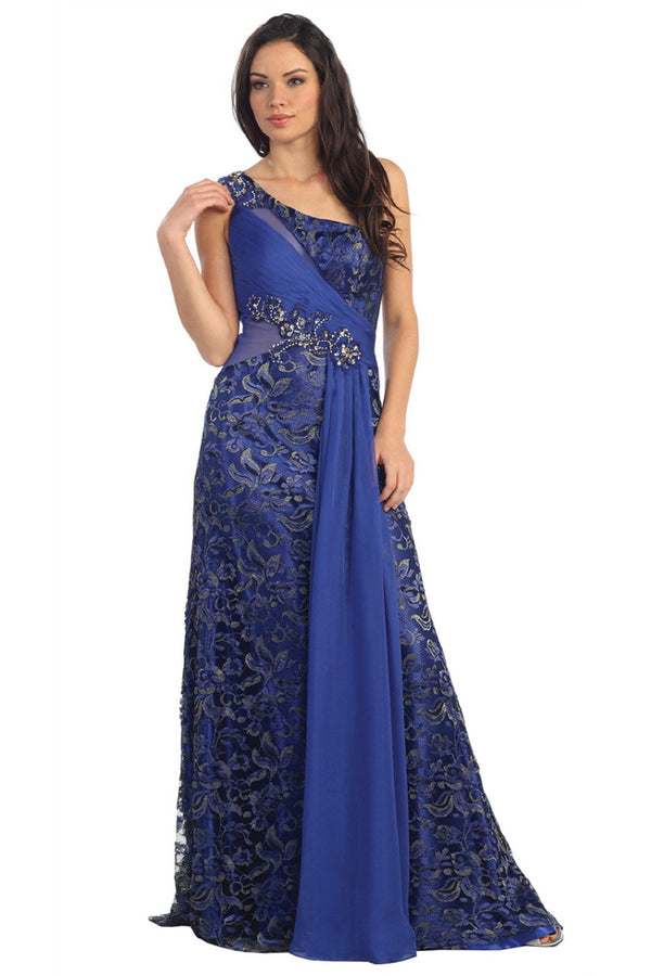 One Shoulder Lace Long Dress with Beaded Waist and Chiffon Overlay-0