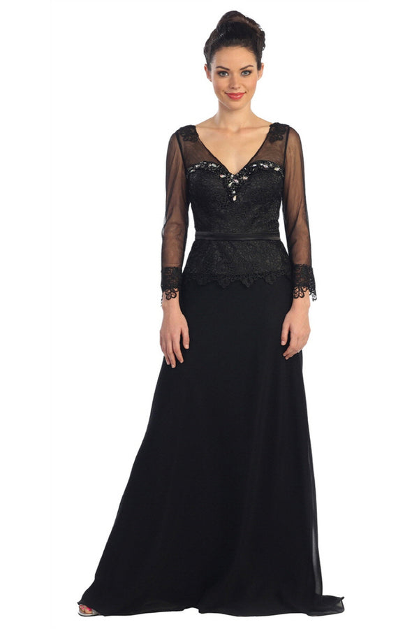 V-Neck Long Sheer Sleeve Chiffon Floor Length Dress with Lace Bodice-0