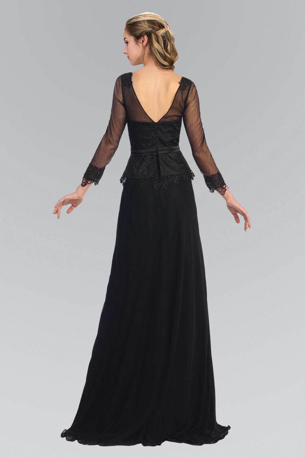 V-Neck Long Sheer Sleeve Chiffon Floor Length Dress with Lace Bodice-1