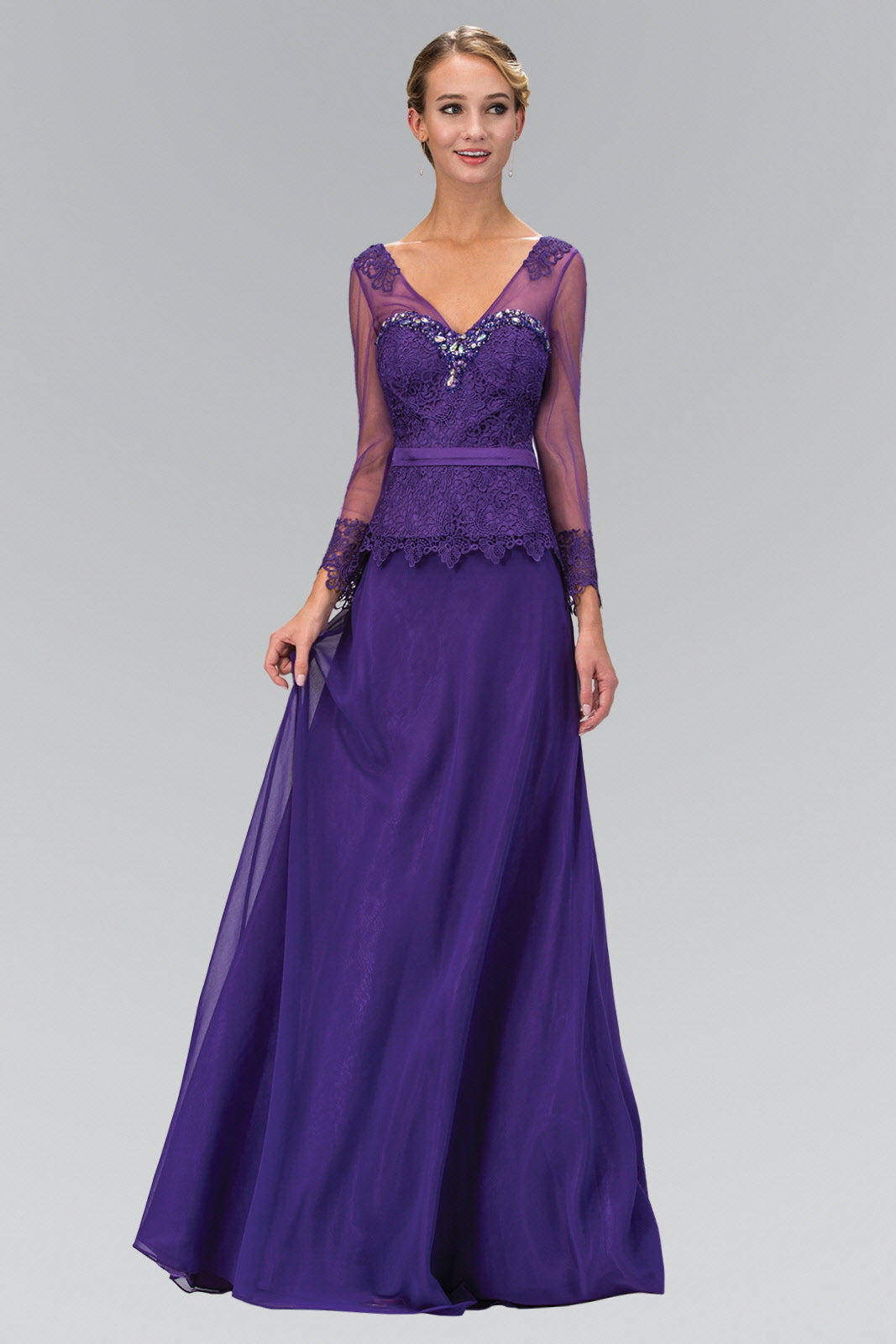 V-Neck Long Sheer Sleeve Chiffon Floor Length Dress with Lace Bodice-4