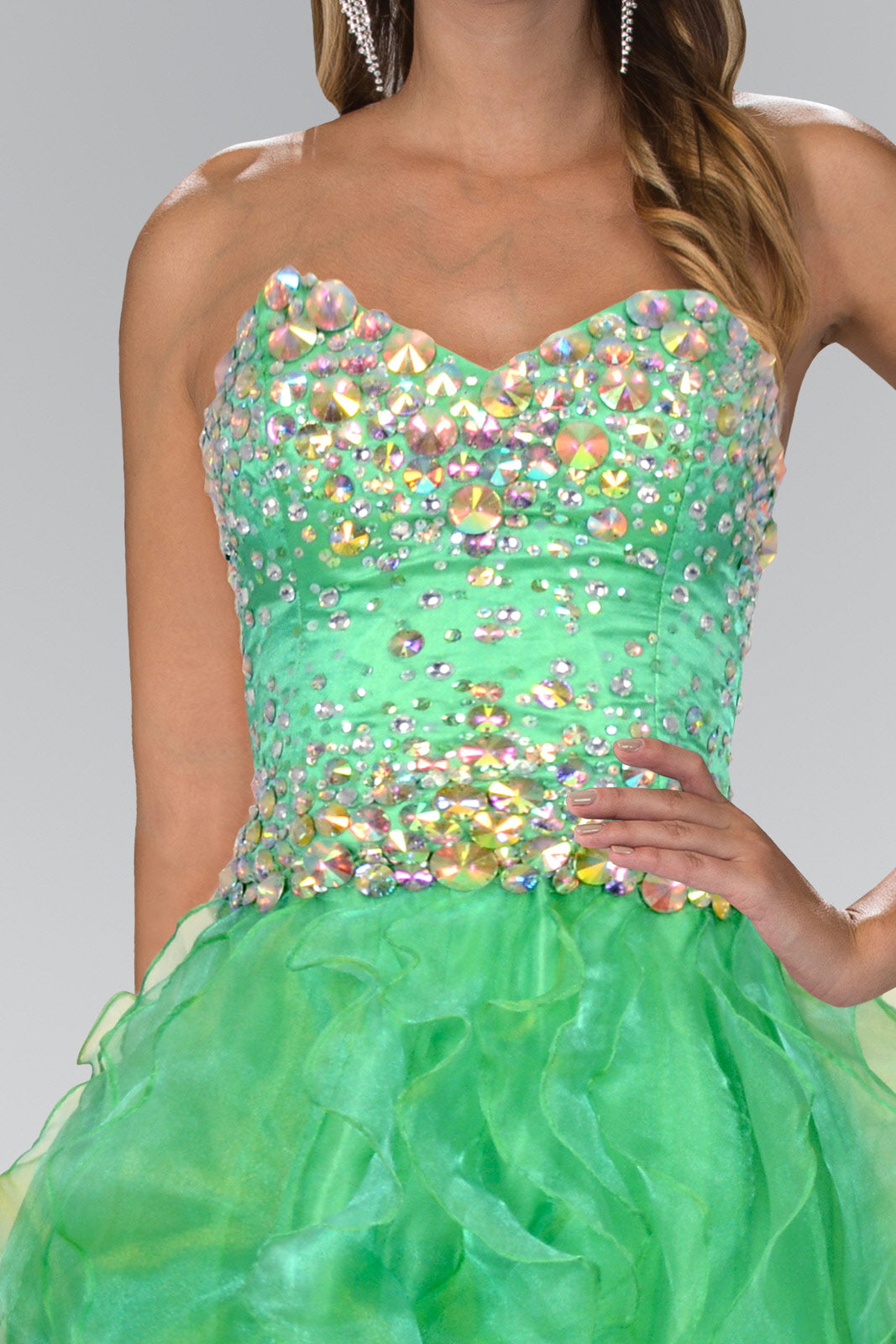 Organza High-Low Dress with Jeweled Sweetheart Bodice-2