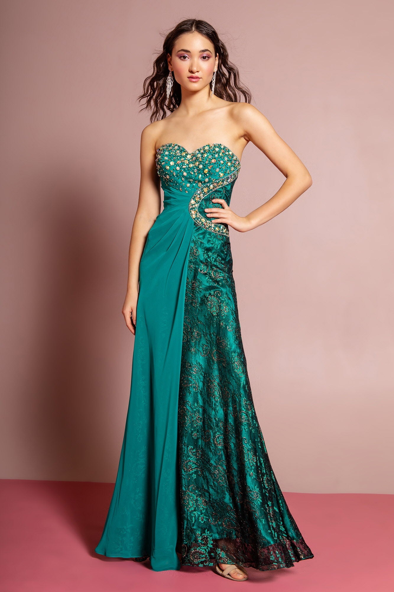 Strapless Sweetheart Lace Long Dress with Jeweled Bodice-4