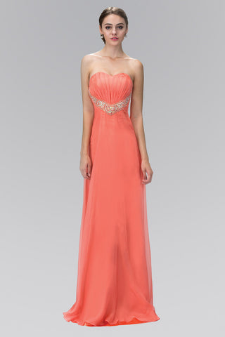 Strapless Sweetheart Chiffon Long Dress with Pleated Bodice and Bead Detailing-2