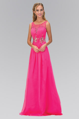 Ruched Bodice Chiffon Long Dress with Jeweled Neckline and Waist-0