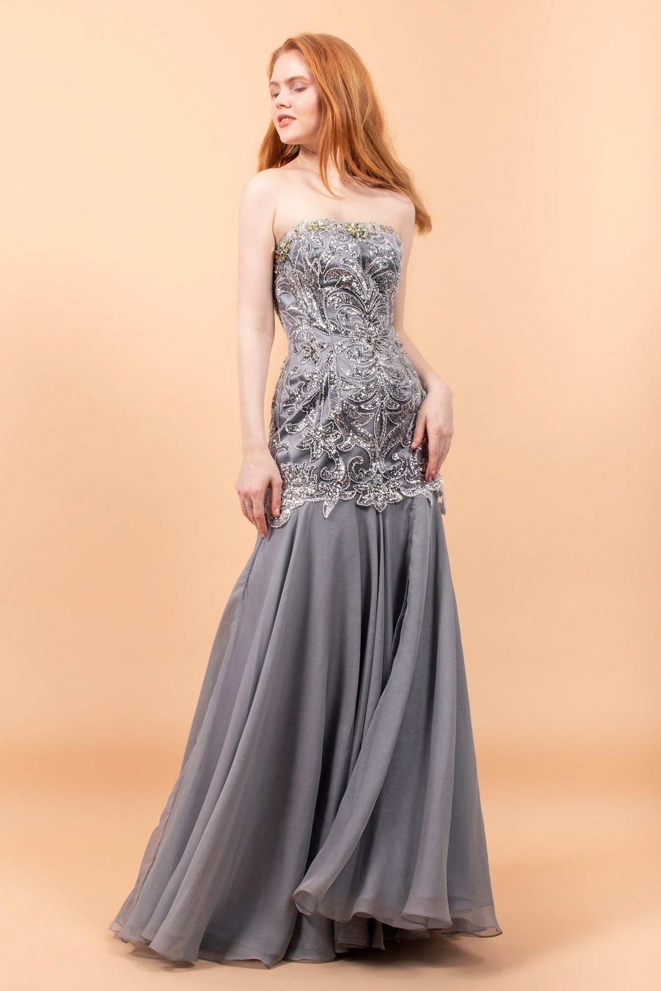 Strapless Chiffon Long Dress with Side Slit and Beaded Bodice-0