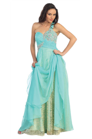 One Shoulder Lace Long Dress with Chiffon Overlay-0