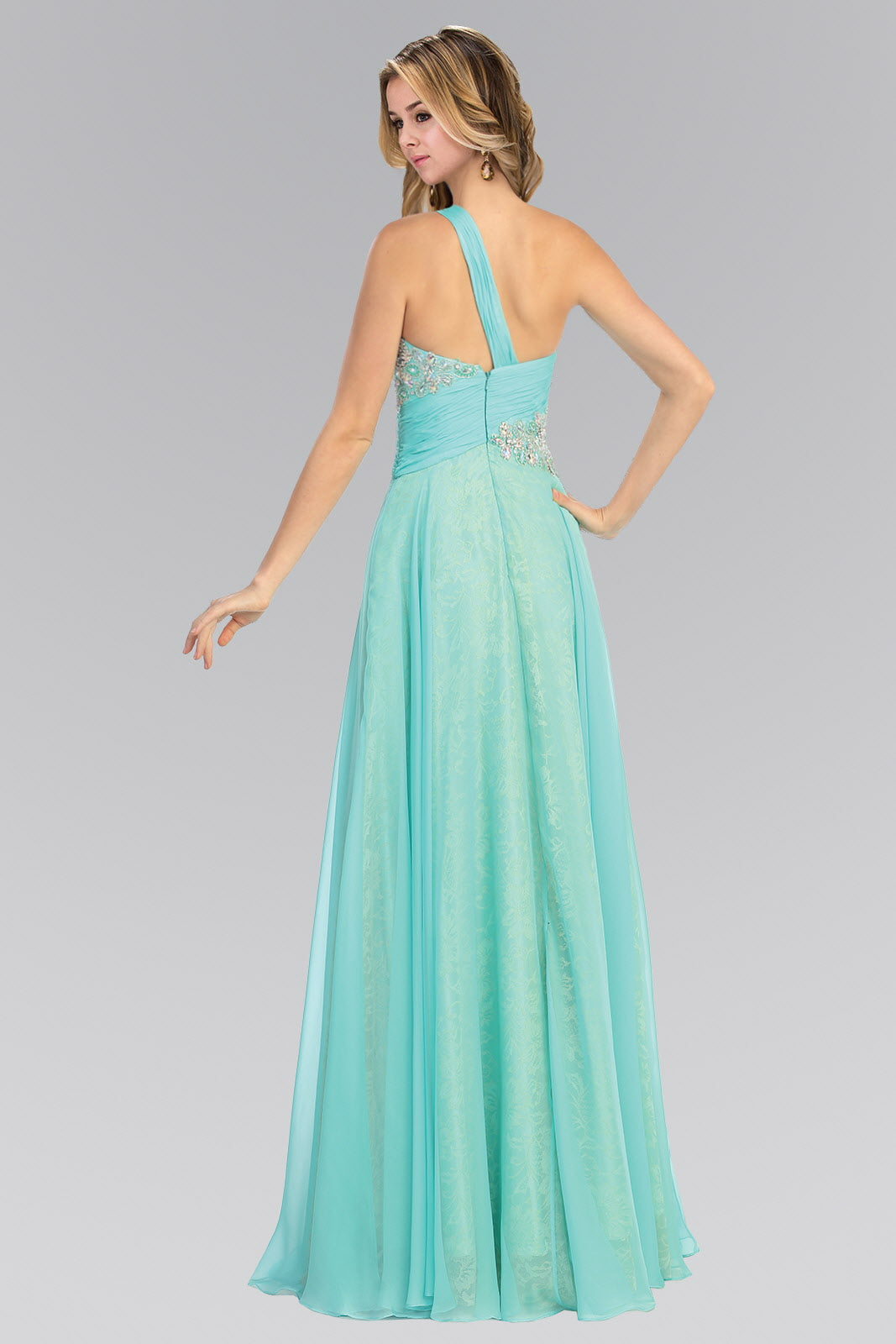 One Shoulder Lace Long Dress with Chiffon Overlay-1