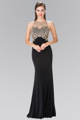 Floor Length Dress with Jewel Embellished Sheer Bodice and Back-3