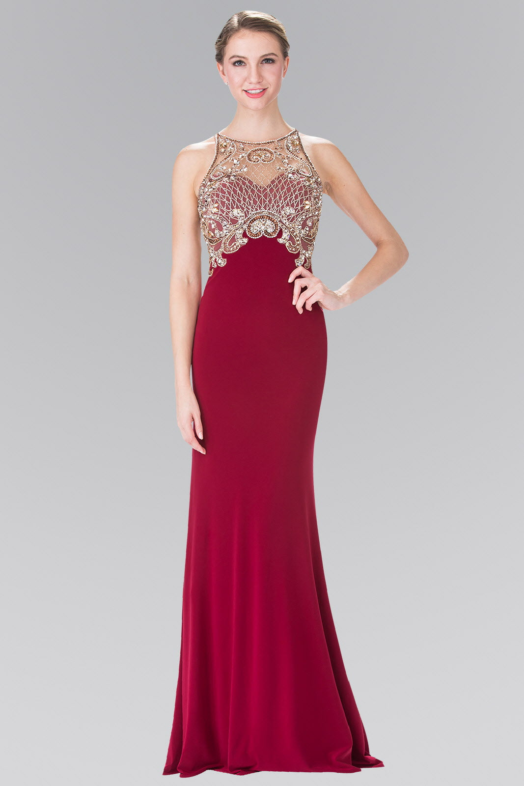 Floor Length Dress with Jewel Embellished Sheer Bodice and Back-5