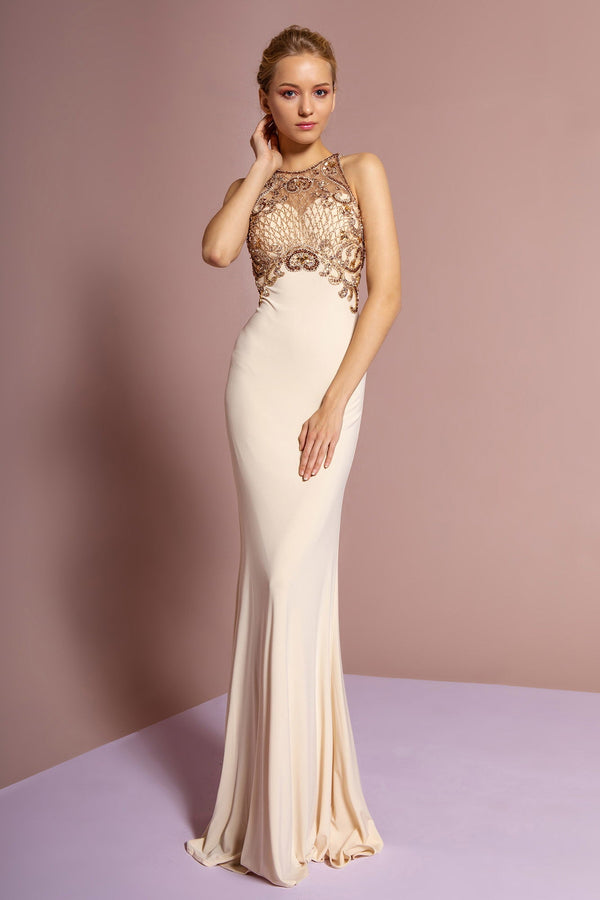 Floor Length Dress with Jewel Embellished Sheer Bodice and Back-0