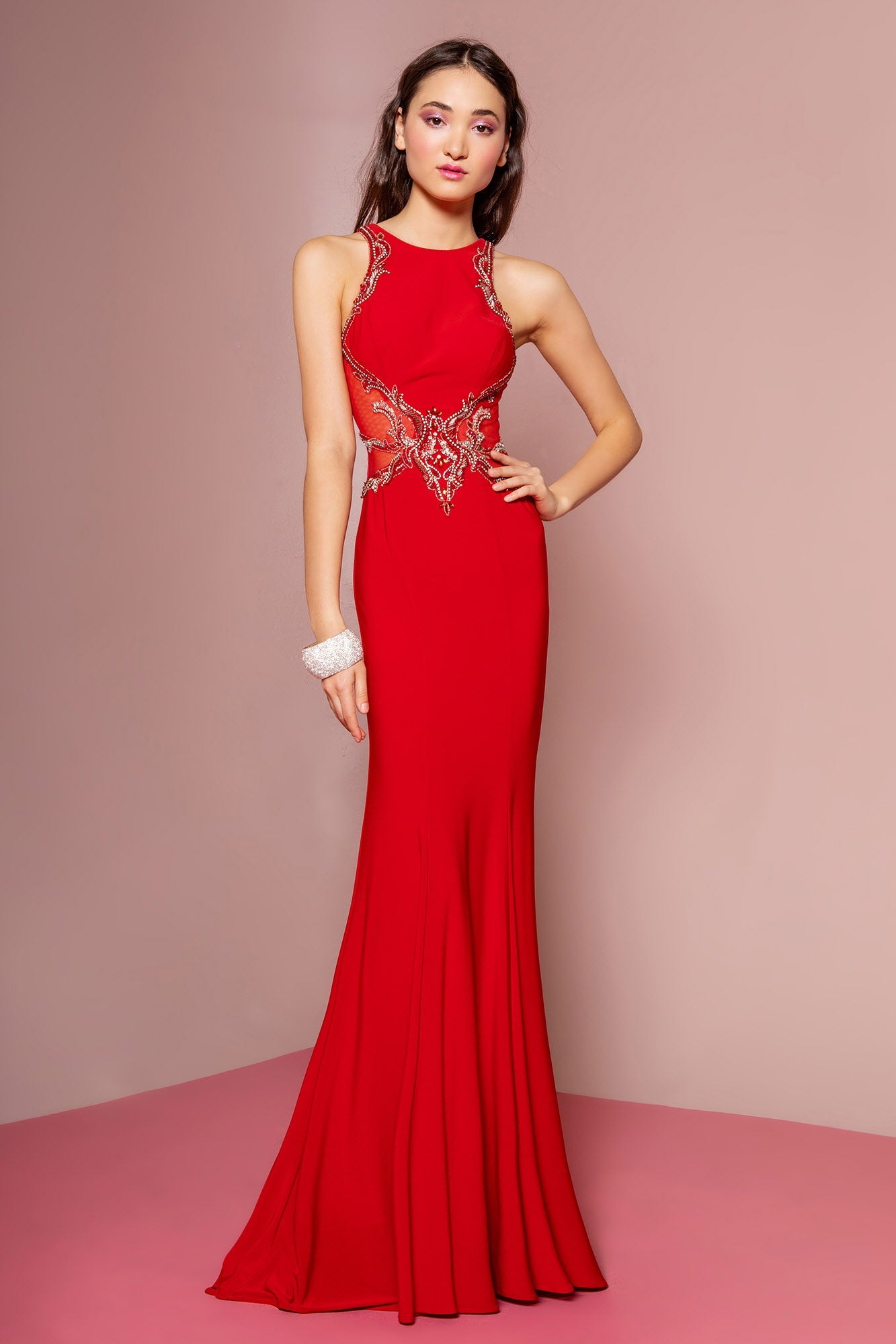 Illusion Back Floor Length Dress with Sheer Side Cut Outs-0