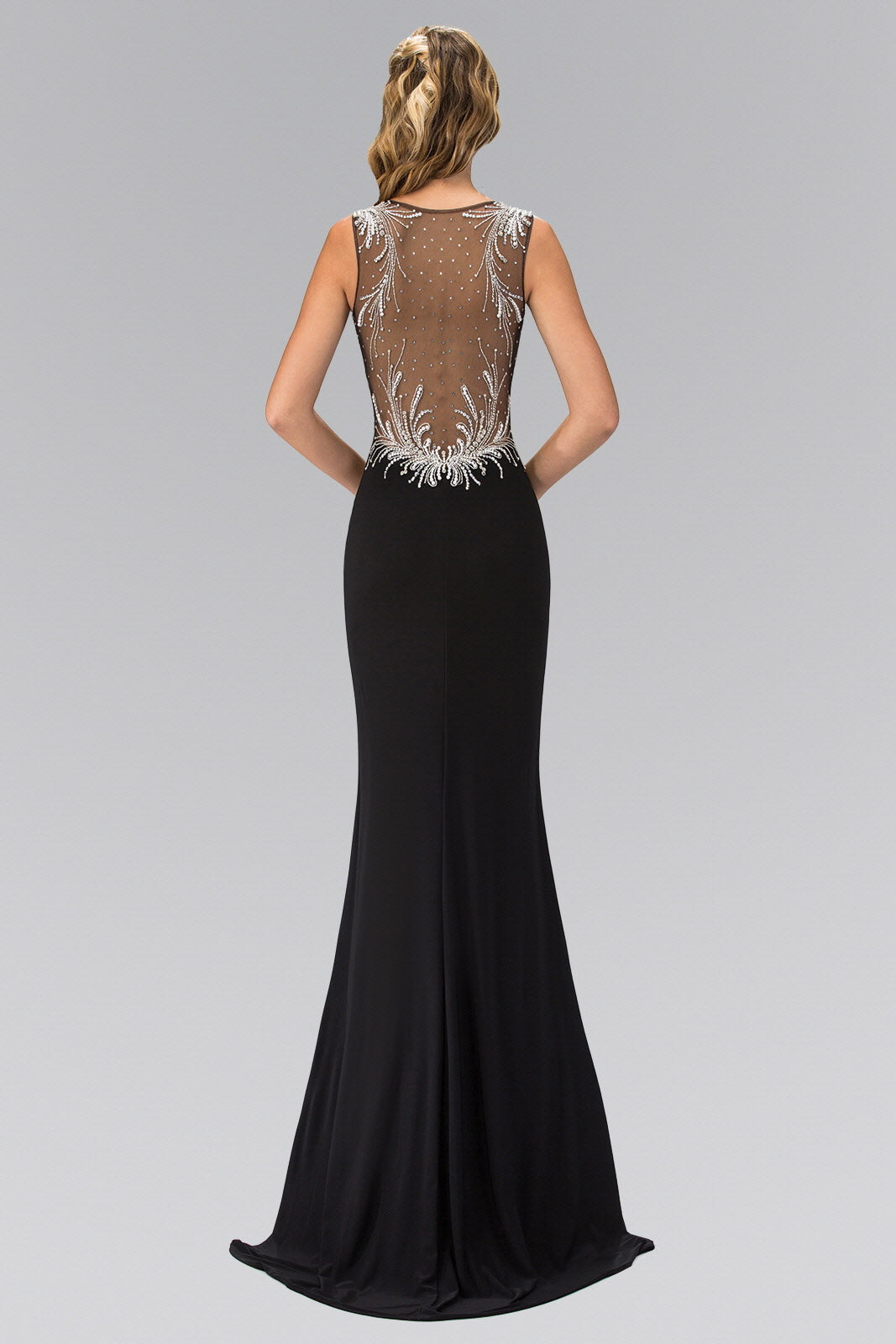 Sheer Open Back Floor Length Dress with Silver Jewel Accents-3