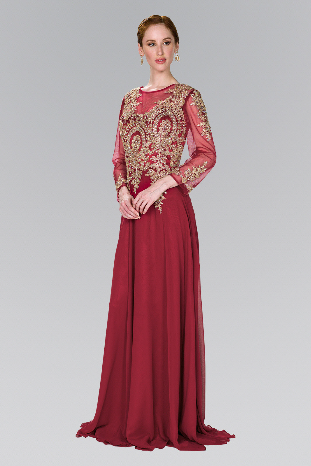 Lace Embellished Floor Length Dress with Sheer Sleeve-6