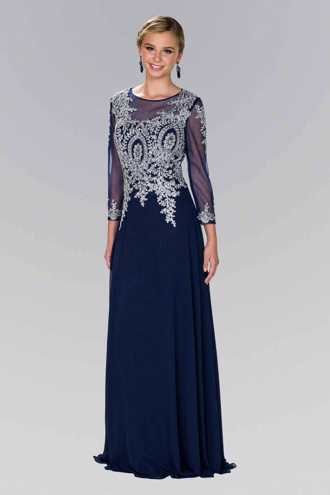 Lace Embellished Floor Length Dress with Sheer Sleeve-2