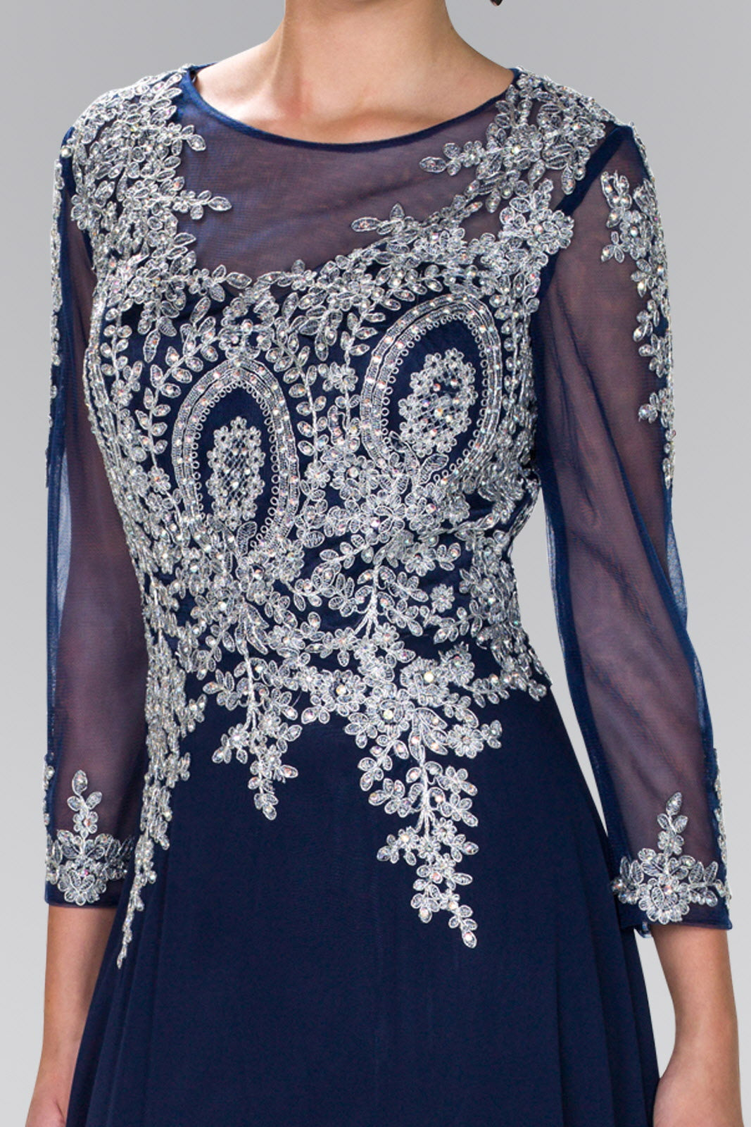 Lace Embellished Floor Length Dress with Sheer Sleeve-4