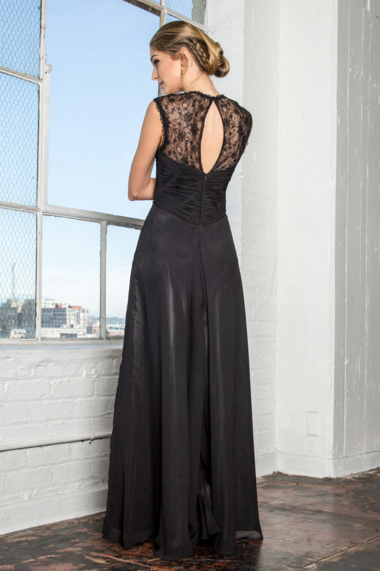 Empire Waist Long Dress with Ruched Bodice and Lace Back-3