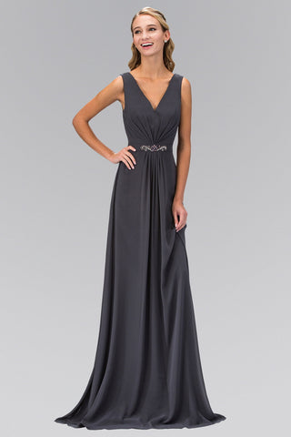 V-Neck Chiffon Long Dress Accented with Jewel on Waist-0