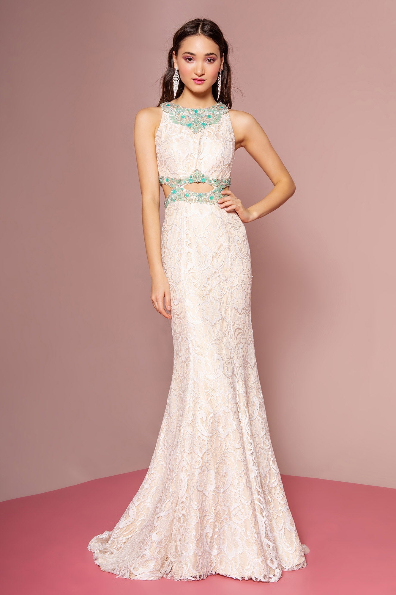 Long Ivory Lace Dress Accented with Bluish Jewel and Cut Outs-0